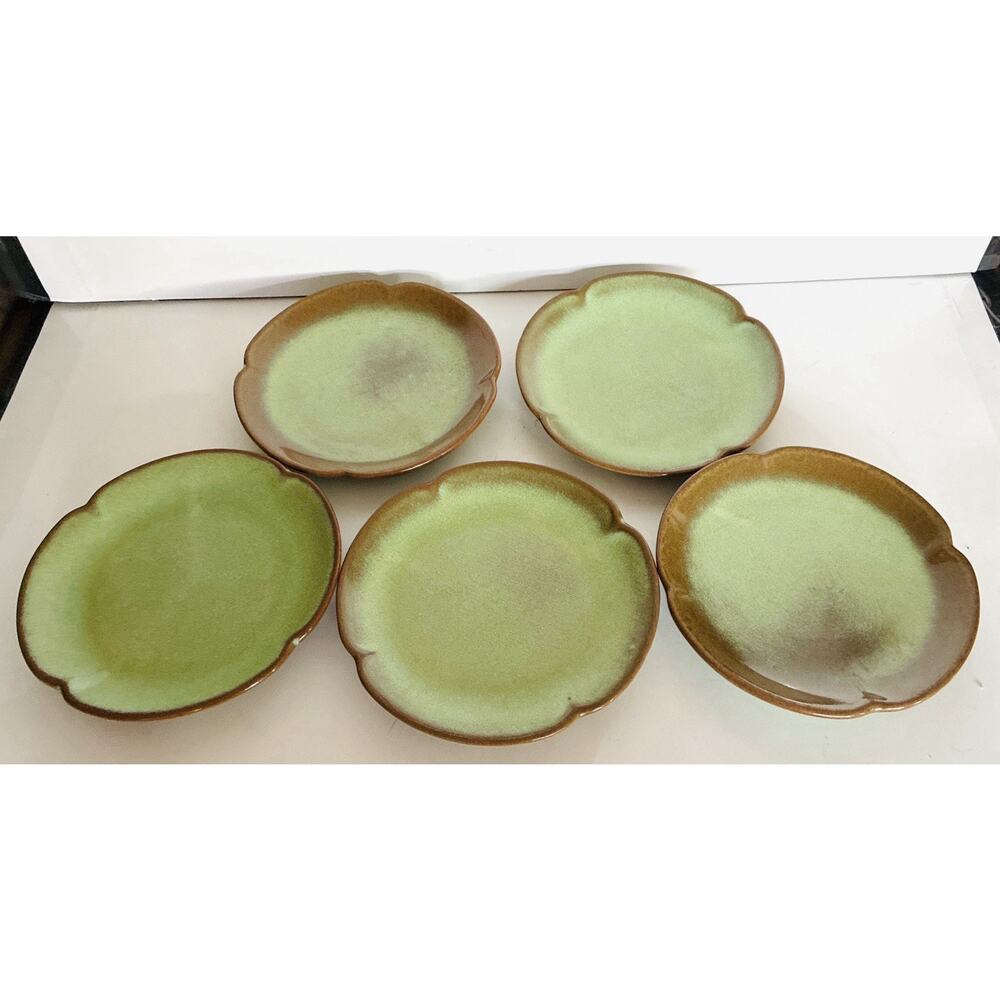Five Vintage Frankoma Plainsman 5G Scalloped Dessert, Bread, Cake Grn Brn Plates